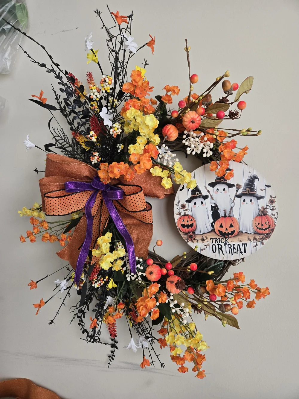 Autumn Harvest Halloween Wreath with Orange and Yellow Florals